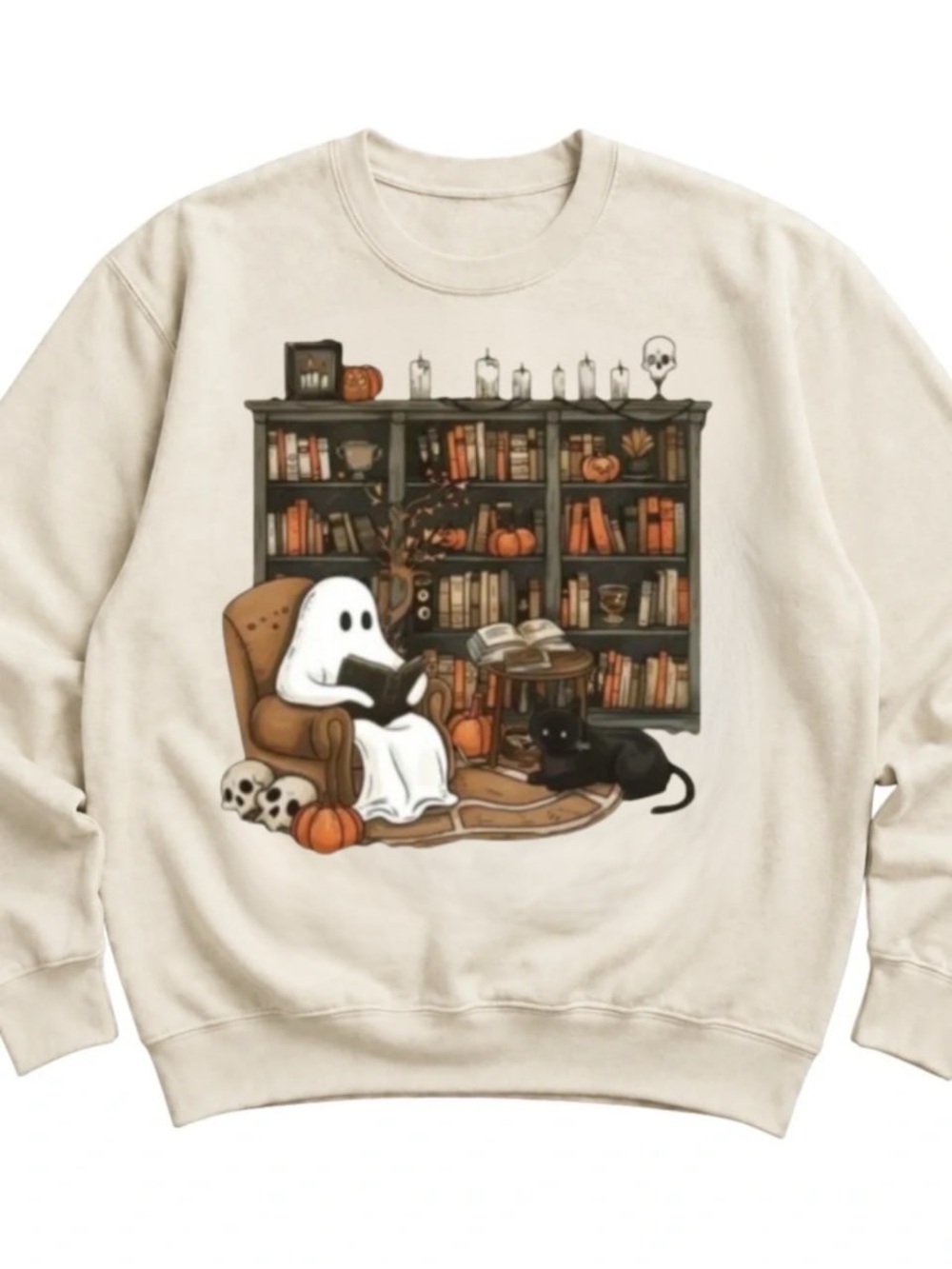 Cream Ghost Reading Sweatshirt with Black Cat Graphic